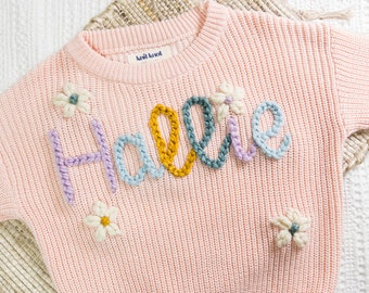 Baby Name Sweater Flowers | Personalized Kids Knit Sweater | Name Sweater Baby | Baby Name On Knitted Sweater | Floral Baby Name Sweater