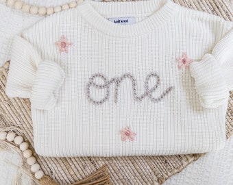 Hand Embroidered Daisy First Birthday "one" baby sweater | First Birthday Sweater | First Birthday Gift | Birthday Girl Outfit |