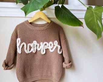 Personalized Hand-Embroidered Baby Name Sweater | Monogrammed Infant Gift from Aunt | Custom Newborn Knitwear | Chunky Baby Sweater