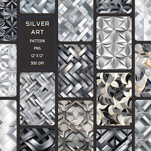 Könnte beinhalten: Ein Set mit 12 digitalen Silbermustern, jedes mit einer Größe von 30,48 cm x 30,48 cm bei 300 DPI. Die Muster zeigen geometrische Formen, abstrakte Designs und florale Motive in Silber- und Grautönen.