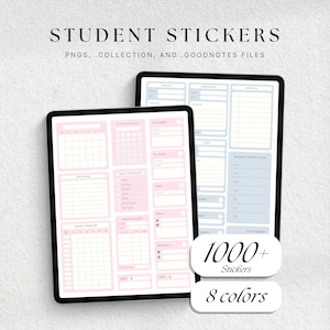 Könnte beinhalten: Zwei digitale Tablets mit Vorlagen für Studentenplaner. Ein Tablet zeigt ein rosa Layout mit Abschnitten für Aufgaben und Tracking. Das andere Tablet hat ein blaues und weißes Design. Der Text lautet "Student Stickers" und "1000+ Aufkleber, 8 Farben."