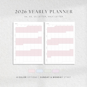 Può includere: Due pagine del pianificatore annuale 2026 con un design rosa e bianco. Il testo in alto recita "2026 YEARLY PLANNER". Sotto il titolo ci sono le parole "A4, A5, US LETTER, HALF LETTER". La parte inferiore dell'immagine dice "4 COLOR OPTIONS | SUNDAY & MONDAY START".