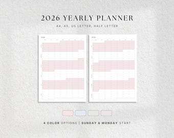 2026 Yearly Calendar Two Pages, Printable Year at a Glance Planner, YO2P,  Digital Download