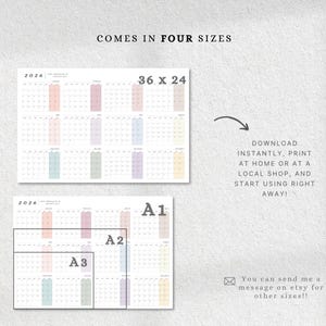 May include: A digital 2026 calendar in four sizes, including 36 x 24 inches, A1, A2, and A3. The calendar features a minimalist design with pastel-colored boxes for each month. Text includes "Download instantly, print at home or at a local shop, and start using right away!"