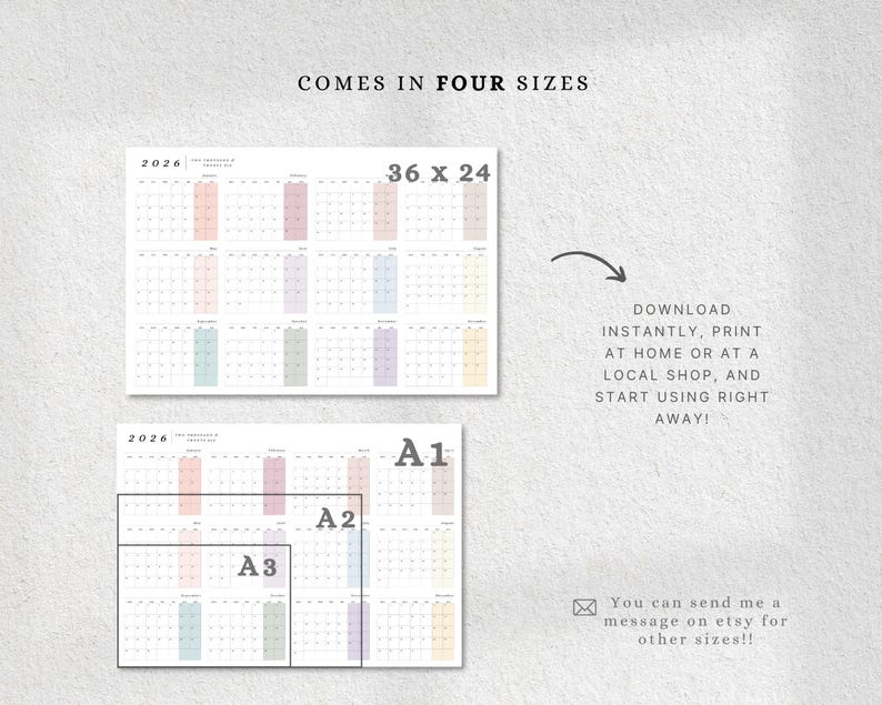 May include: A digital 2026 calendar in four sizes, including 36 x 24 inches, A1, A2, and A3. The calendar features a minimalist design with pastel-colored boxes for each month. Text includes "Download instantly, print at home or at a local shop, and start using right away!"
