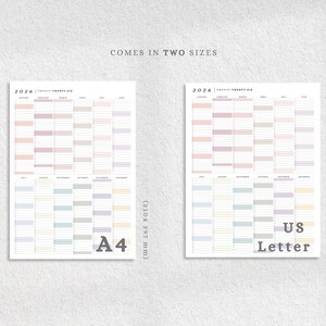 May include: Two 2026 yearly planners in A4 and US Letter sizes. The planners have a pastel color scheme with rows for each month. The text "COMES IN TWO SIZES" is at the top. The A4 planner is 210 x 297 mm, and the US Letter is 8.5" x 11".