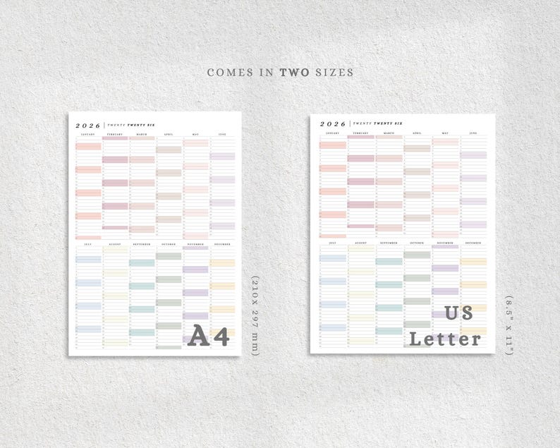 May include: Two 2026 yearly planners in A4 and US Letter sizes. The planners have a pastel color scheme with rows for each month. The text "COMES IN TWO SIZES" is at the top. The A4 planner is 210 x 297 mm, and the US Letter is 8.5" x 11".