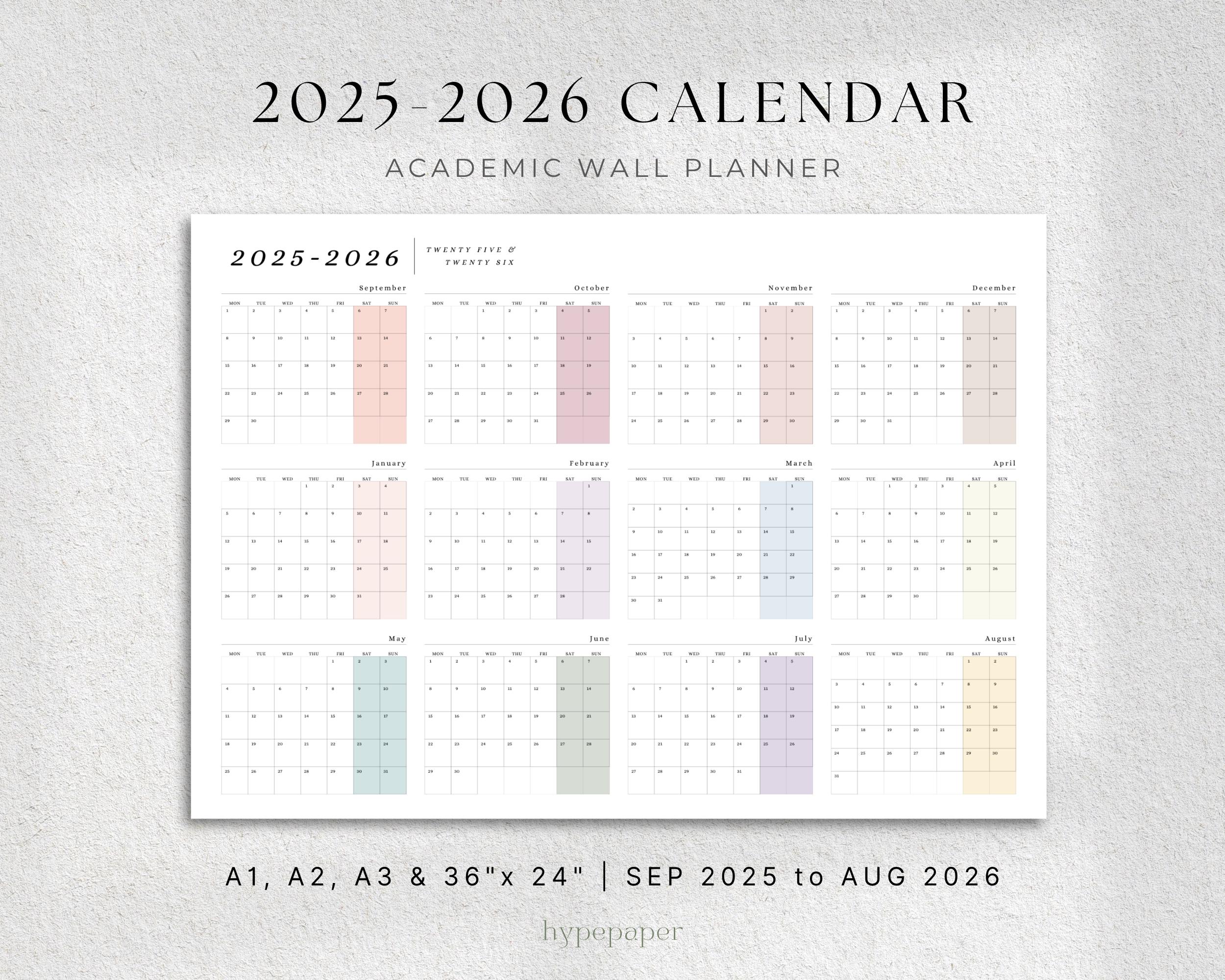 2025-2026 Academic Wall Calendar, Printable Large Landscape Planner, School Year Planning