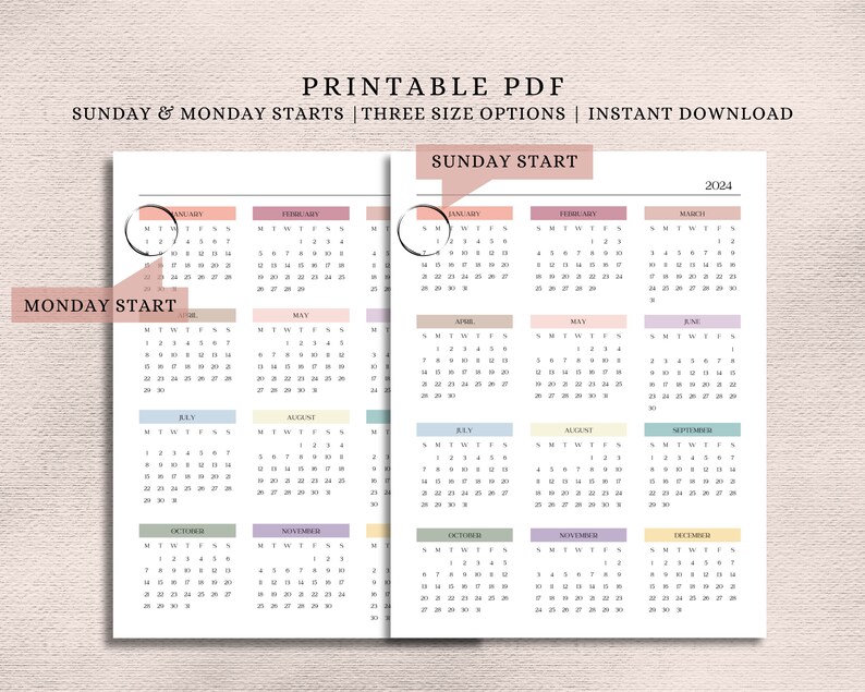 2024 Printable Year at a Glance Calendar Colorful Yearly - Etsy Australia