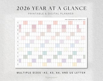 2026 Year Planner Printable, Year at a Glance Large Wall Calendar, Instant Download