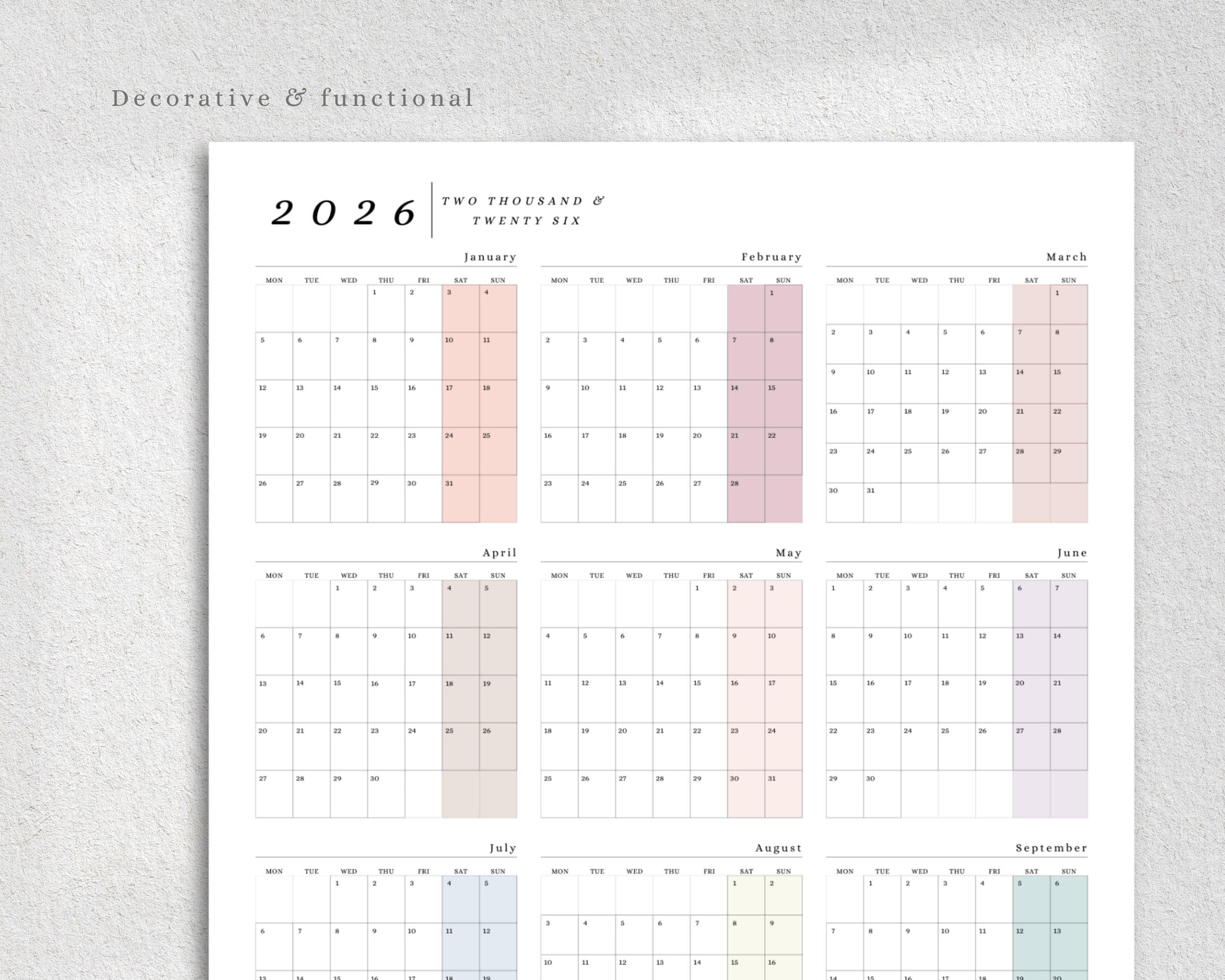 2026 Year at a Glance Wall Calendar, Large Printable Portrait Planner ...