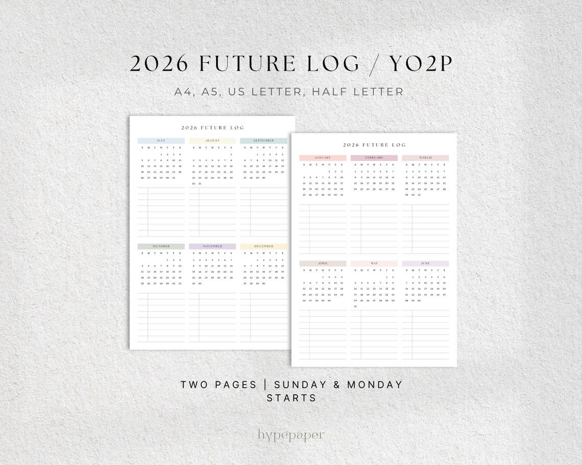 2026 Future Log Printable, Year on 2 Pages, Monthly Overview, Digital ...