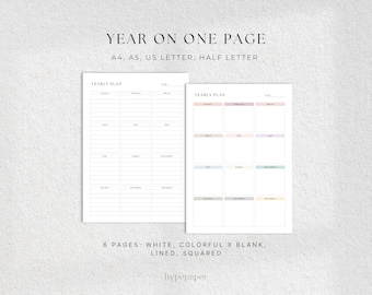 Undated Year at a Glance Planner, Minimalist Printable Yearly Overview, Digital Download