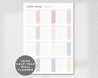 2025-2026 Half Year Wall Planner, Large Printable Year-at-Glance Calendar, Digital Download