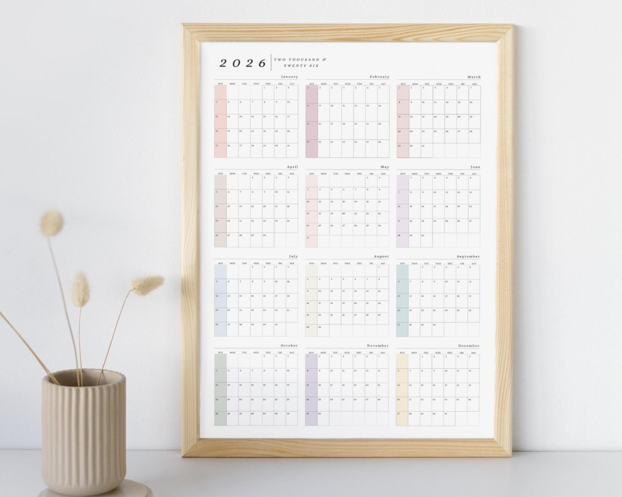 2026 Year at a Glance Wall Calendar, Large Printable Portrait Planner ...