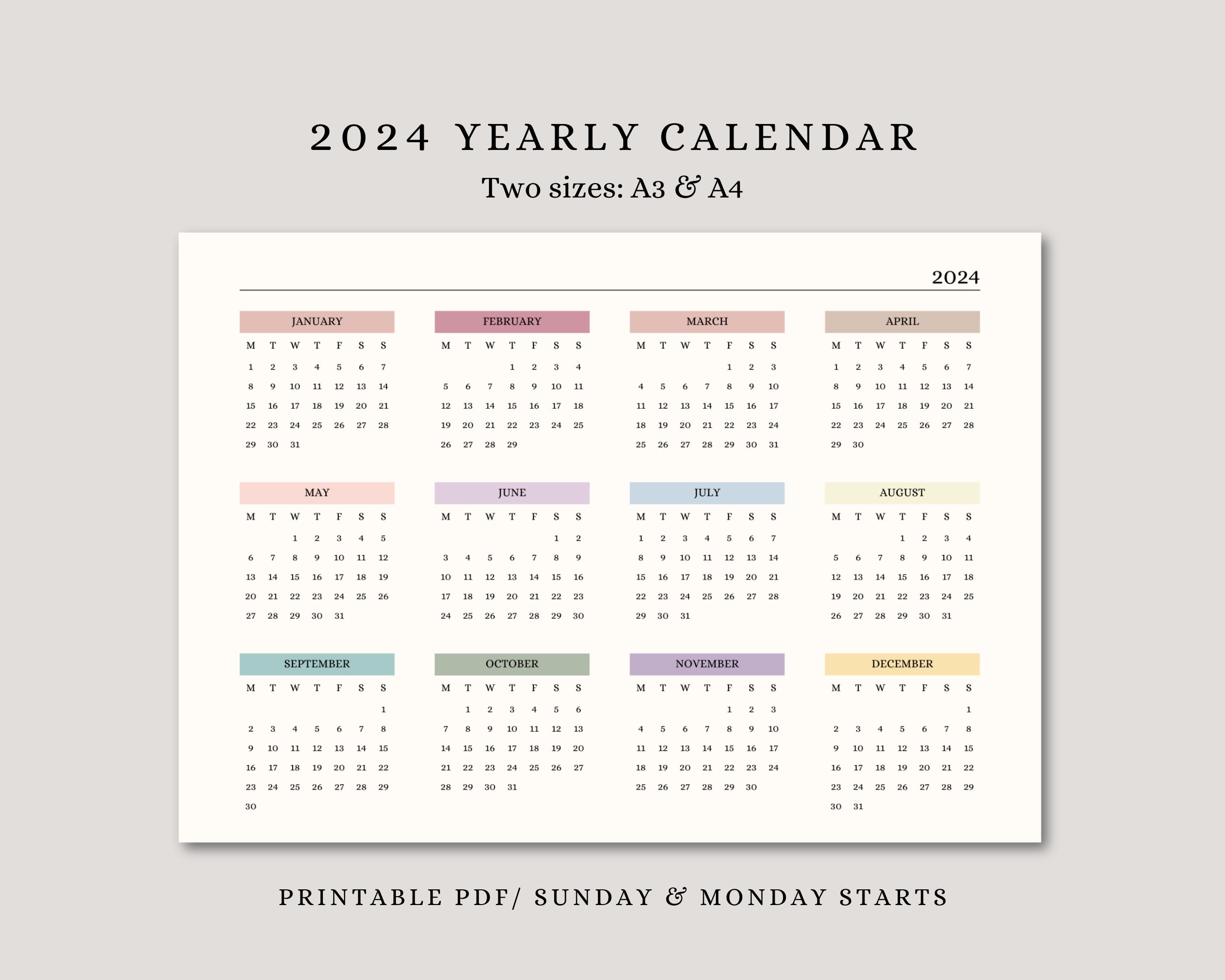 Yearly Calendar 2024 Printable 2024 Year at a Glance - Etsy UK