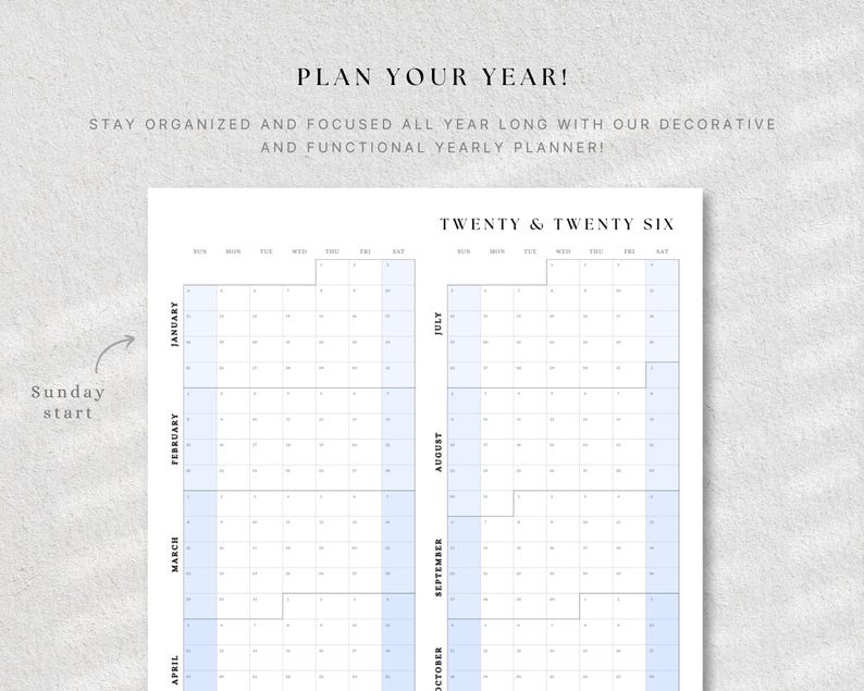 K&ouml;nnte beinhalten: Ein Jahresplaner mit hellblauem und wei&szlig;em Design. Der Text "PLAN YOUR YEAR!" steht oben, mit dem Text "TWENTY & TWENTY SIX" darunter. Die Monate sind vertikal aufgef&uuml;hrt.
