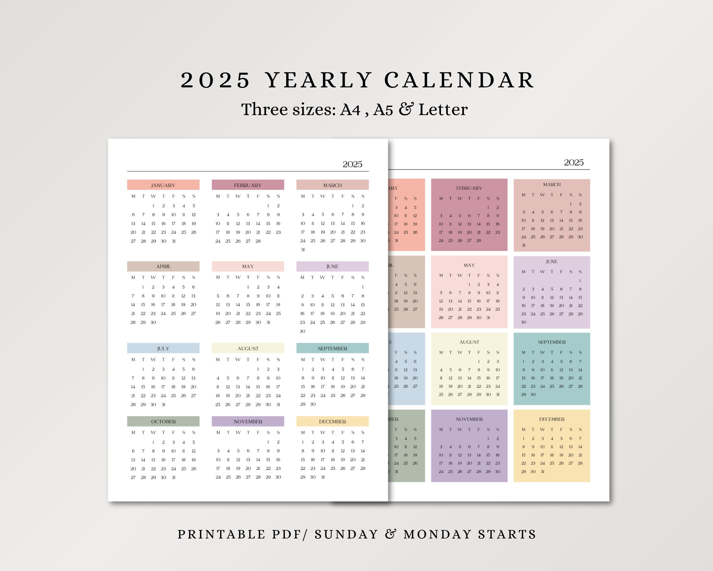 Year at a Glance Calendar 2025, A4 Letter A5, Portrait Yearly Calendar