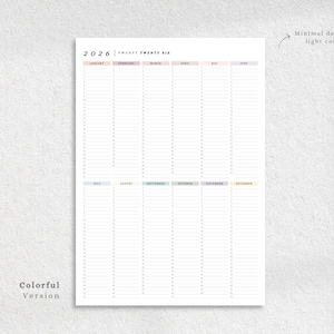 May include: A 2026 yearly planner with a minimalist design and light colors. The planner features a colorful version with monthly columns and space for daily entries. Text on the planner includes the year and month names.