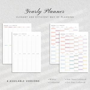 May include: A yearly planner with the text "Yearly Planner" and "Elegant and efficient way of planning". The image shows four versions of the planner, including white and colorful options, with "2026" displayed.