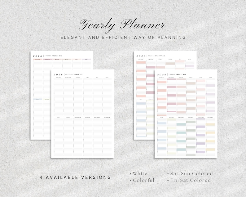 May include: A yearly planner with the text "Yearly Planner" and "Elegant and efficient way of planning". The image shows four versions of the planner, including white and colorful options, with "2026" displayed.