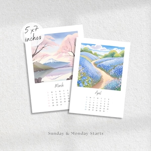May include: Two 5x7 inch calendar pages for March and April. The March page features a mountain landscape with pink cherry blossoms. The April page shows a path through blue flowers. Both pages include a monthly grid and the text Sunday & Monday Starts.