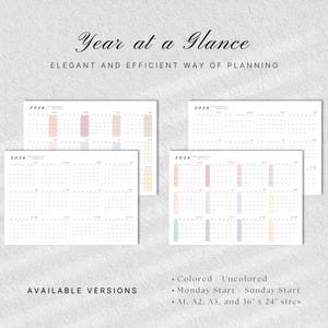 May include: Four 2026 year-at-a-glance calendars with a minimalist design. The calendars are available in colored and uncolored versions, with Monday or Sunday start options. Sizes include A1, A2, A3, and 36" x 24".