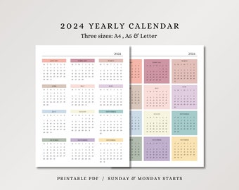 Year at a Glance Calendar 2024, A4  Letter  A5, Portrait Yearly Calendar 2024 Printable, Colorful Yearly Calendar, Goodnotes Yearly Calendar
