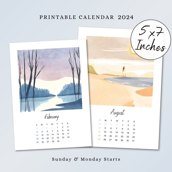 Mini Calendar 2024, Monthly Watercolor Calendar 2024, 5 x 7  inches Printable Calendar 2024, 2024 Desk Calendar, Mini Wall Calendar 2024