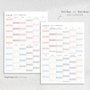 May include: Two 2026 yearly calendars with highlighted weekend days. The calendars are printed on white paper with pastel color blocks for each month. The text "2026 Twenty Twenty Six" is at the top of each calendar.