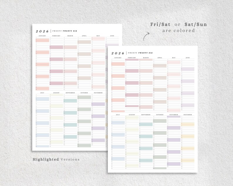 May include: Two 2026 yearly calendars with highlighted weekend days. The calendars are printed on white paper with pastel color blocks for each month. The text "2026 Twenty Twenty Six" is at the top of each calendar.