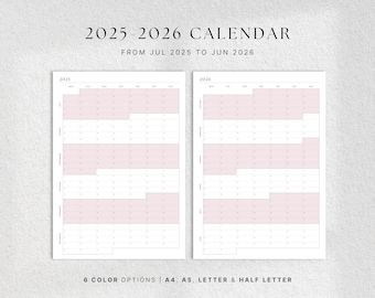 2025 2026 Half-Year Yearly Calendar , Midyear Yearly Planner, Portrait Printable Calendar, Year at a Glance, Two-Page Planner 2025/2026