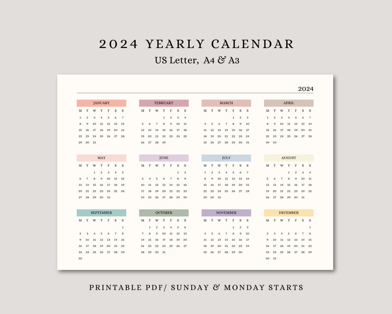Yearly Calendar 2025 Printable, 2025 Year at a Glance Calendar, 2025