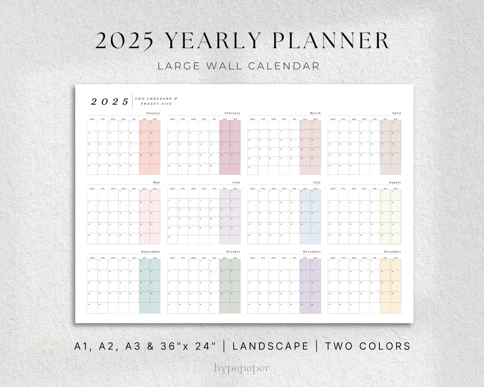 2025 Year at a Glance Calendar Planner, Landscape Large Printable Wall ...