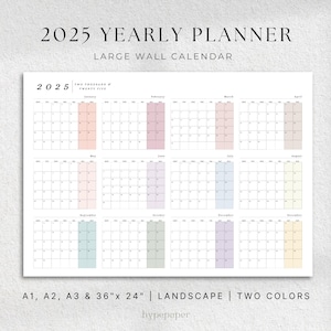 Planificador de calendario de un vistazo del año 2025, Calendario de pared imprimible grande horizontal, Planificador de pared de calendario 2025, Planificador anual imprimible 2025
