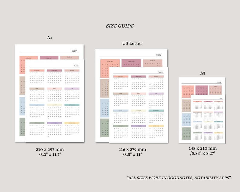 Year at a Glance Calendar 2025, A4 Letter A5, Portrait Yearly Calendar
