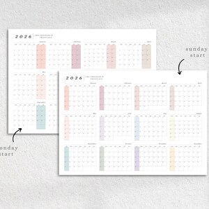 May include: Two 2026 yearly calendar prints, one with a Monday start and the other with a Sunday start. Each calendar features a minimalist design with pastel-colored month highlights. The text "2026" is at the top of each calendar.