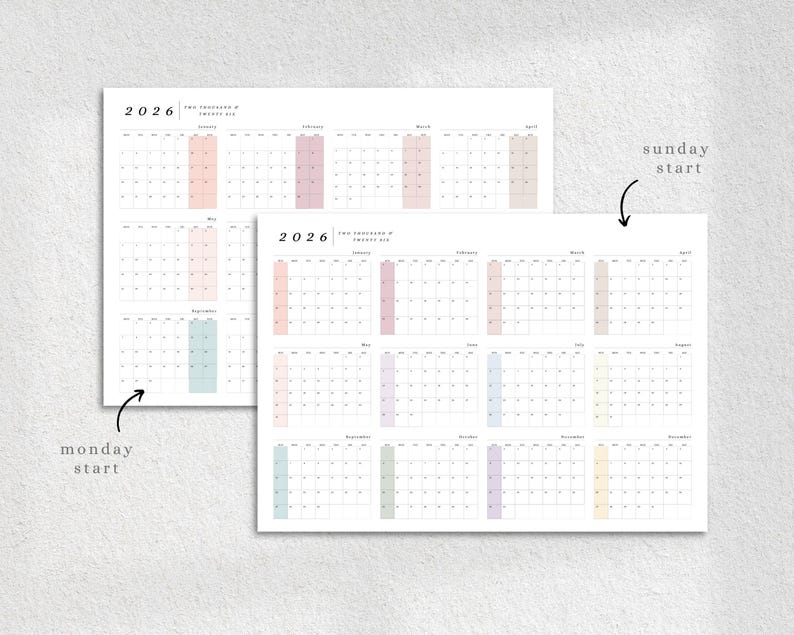 May include: Two 2026 yearly calendar prints, one with a Monday start and the other with a Sunday start. Each calendar features a minimalist design with pastel-colored month highlights. The text "2026" is at the top of each calendar.