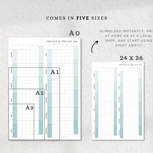 K&ouml;nnte beinhalten: Ein minimalistisches Kalenderdesign in Blau- und Wei&szlig;t&ouml;nen, das f&uuml;nf Gr&ouml;&szlig;enoptionen zeigt. Der Text lautet "Comes in Five Sizes" und "Twenty & Twenty Six". Das Design ist sauber und modern.