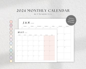 2024 Monatskalender zum Ausdrucken, PDF Kalender 2024, Monatskalender 2024, minimalistischer Querformat Kalender, A4 / Letter, Sonntag & Montag Start