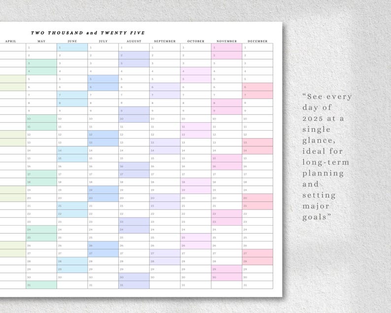 2025 Yearly Wall Calendar Rainbow, 2025 Year at a Glance Planner, 2025 ...