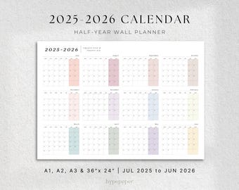 2025-2026 Midyear Wall Planner, Printable Landscape Yearly Calendar, Digital Download
