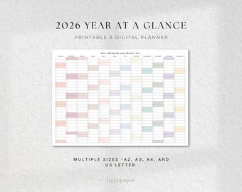 2026 Yearly Wall Planner Landscape Printable, Year At-a-Glance Calendar, Digital Download