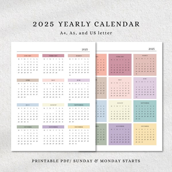 Year at a Glance Calendar 2025, A4  Letter  A5, Portrait Yearly Calendar 2025 Printable, Colorful Yearly Calendar, Goodnotes Yearly Calendar
