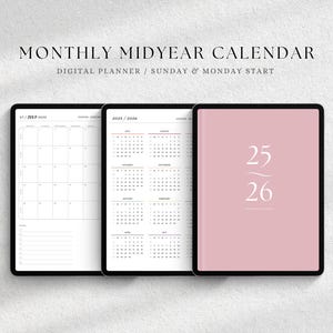 May include: A digital planner with a monthly calendar for July 2023 and a year calendar for 2023-2026. The planner has a pink cover with the numbers 25 and 26 in white.