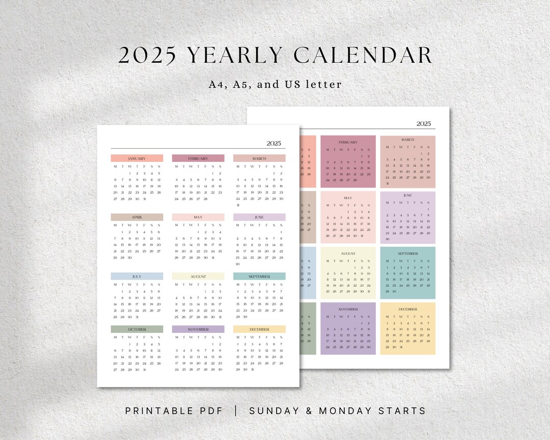 Calendario anual de un vistazo 2025, A4 Carta A5, Calendario anual