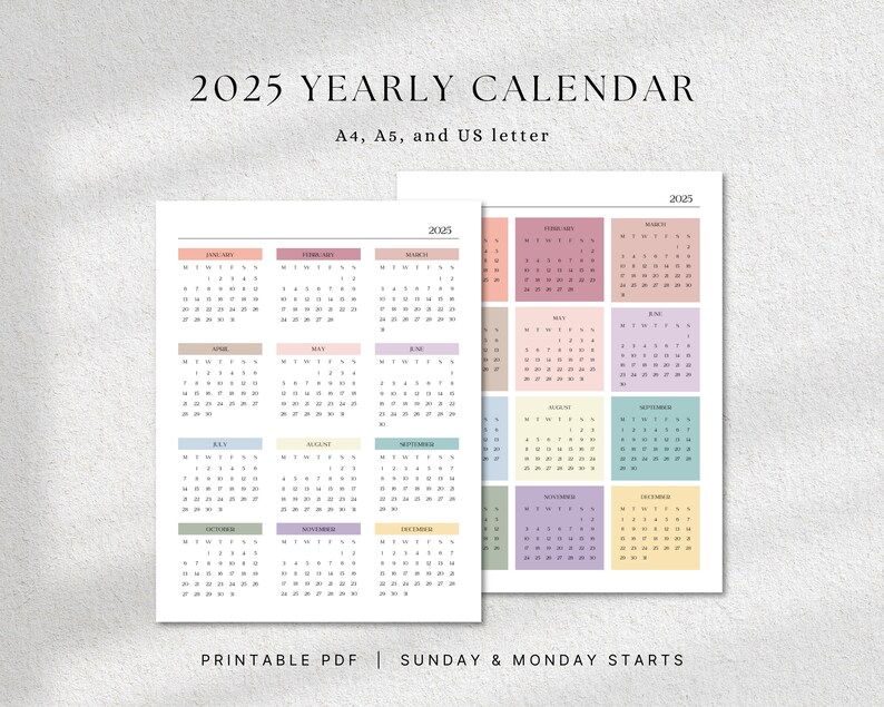Year at a Glance Calendar 2025, A4 Letter A5, Portrait Yearly Calendar