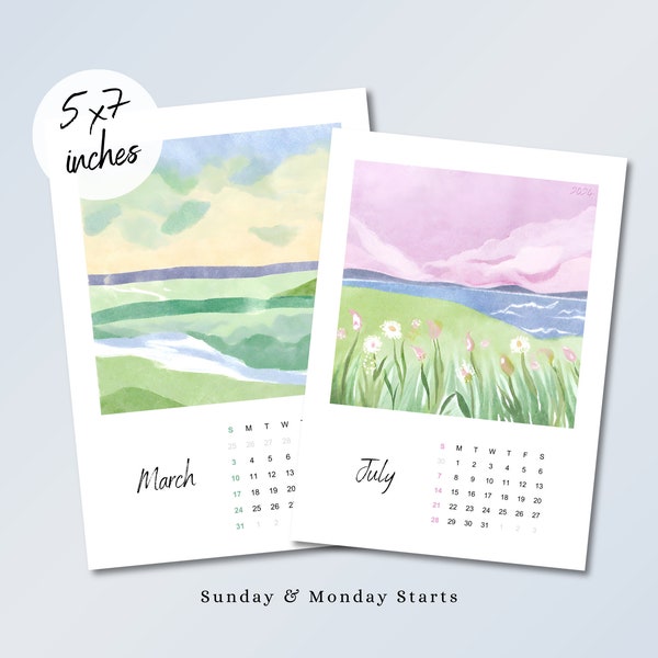 Mini Calendar 2024, Montlhy Watercolor Calendar 2024, 5 x 7  inches Printable Calendar 2024, 2024 Desk Calendar, Mini Wall Calendar 2024