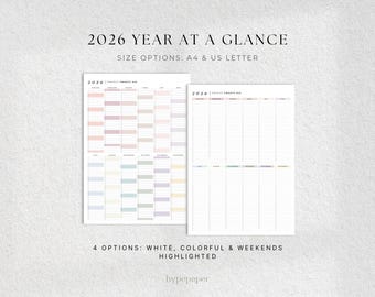 2026 Year At-A-Glance Planner: Colorful One Page Calendar, Digital Download