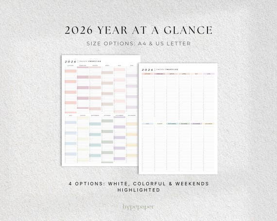 2026 Year At-A-Glance Planner: Colorful One Page Calendar, Digital Download